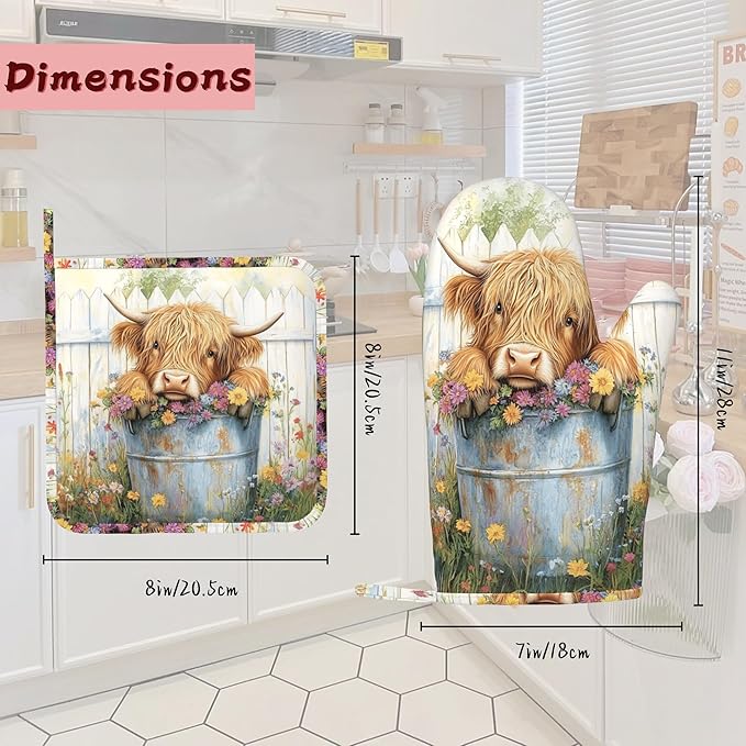 Cute Highland Cow Flowers Garden Heat-Resistant Silicone Oven Mitts and Pot Holders 4 Piece Set,Extra Long Non-Slip Kitchen Oven Gloves for Cooking, Baking, BBQ,Grilling