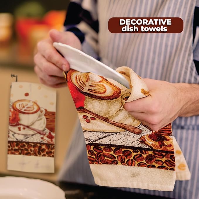 Lobyn Value Packs: Café Latte5 Piece Kitchen Towel Set with 2 Decorative Dish Towels (25 X15), 1 Oven Mitt (11 X 7) and 2 Potholders (6.5 X 6.5) Perfect for Coffee Lovers