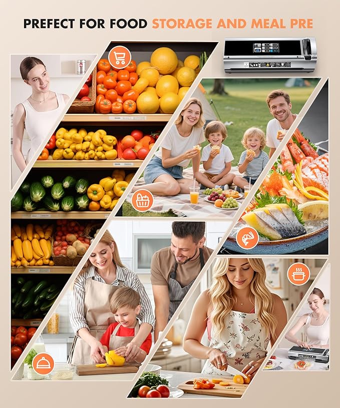 Food Vacuum Sealer Machine, 95KPa Powerful Food Saver with Dry/Moist/External Vacuum Modes, Built-in Cutter & Bag Storage, Single/Double Sealing, 1 Bag & 15 Pre-cut Bags