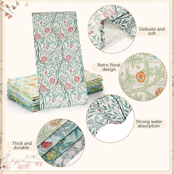 Mindsoft 20 Pcs William Morris Napkins Vintage Flowers Dinner Cloth Napkins 15.7" x 15.7" Linen Watercolor Washable Floral Soft Absorbent Square Table Top Decor for Kitchen, Wedding, Gifts Bulk