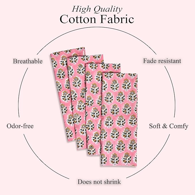 CPC Poppy Pink Indian Block Print Cotton Cloth Napkins Set of 4, 18x18 Reusable Everyday Napkins, Soft, Absorbent, Floral Dinner Napkin, Holiday, Party Gift, Spring,Mother's Day