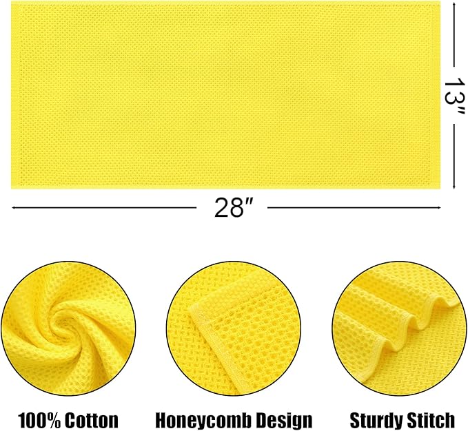 Kitinjoy 100% Cotton Waffle Weave Kitchen Hand Towels (13 x 28 Inches, Yellow), 4-Pack Super Soft and Absorbent Dish Towels for Drying Dishes
