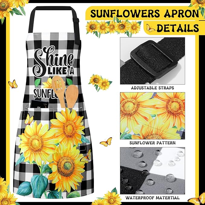 Hoolerry 6 Pcs Sunflower Kitchen Apron Dish Towels Oven Mitts and Pot Holders Sets with Silicone Spatula for Women Wife Grandma Cooking Sunflower Baking Gifts