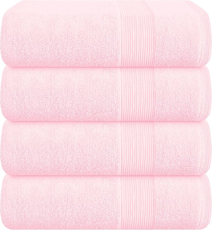 Belizzi Home 4 Pack Bath Towel Set 27x54, 100% Ring Spun Cotton, Ultra Soft Highly Absorbent Machine Washable Hotel Spa Quality Bath Towels for Bathroom, 4 Bath Towels Pink