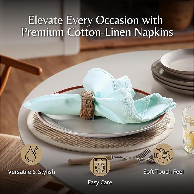 Ramanta Home Linen Flax Cloth Napkins Set of 12 Baby Blue, 18x18 Inch | Easter Premium Cotton Linen Flax Lace Soft & Durable | Washable Ideal for Spring Basket Décor, Wedding, Kitchen, Everyday Use