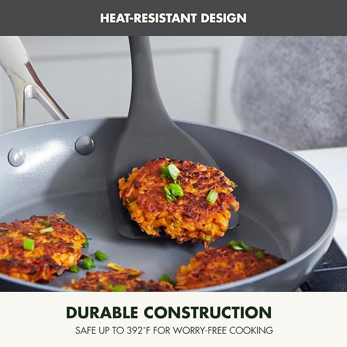 GreenPan Silicone Solid Turner Spatula, Flipping Cooking Kitchen Utensil, Flexible Rubber Nonstick Cookware, Rigid Steel Core, Heat-Resistant, Anti-Slip Handle, BPA-Free, Dishwasher Safe, Gray
