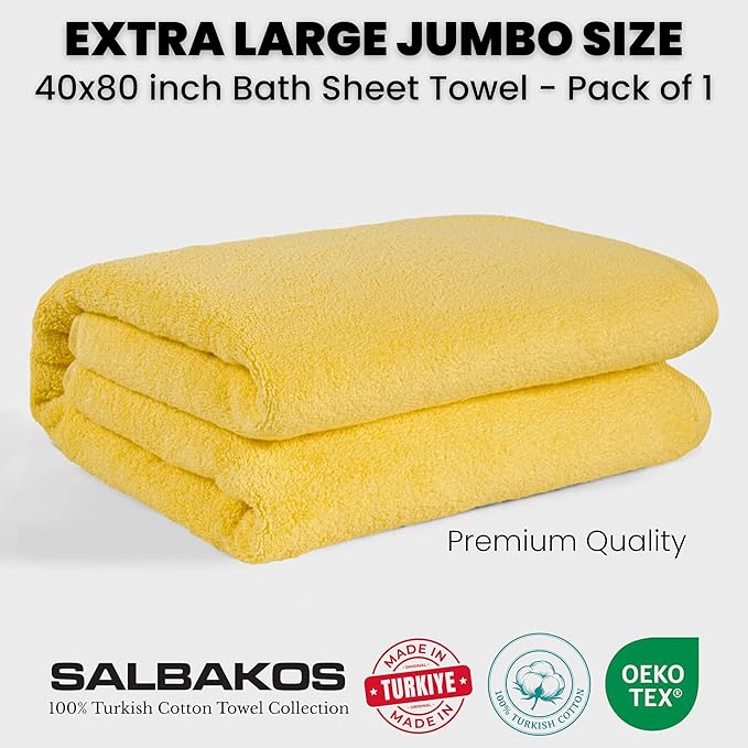 SALBAKOS Luxury 100% Turkish Cotton Bath Sheets 40x80 in Oversized Extra Large Bath Towels Thick Soft Absorbent Turkish Towel for Spa Beach (Pack of 1, Yellow, Jumbo Bath Sheet)