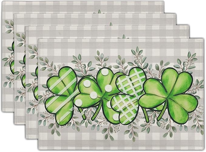 Shamrock St. Patrick's Day Placemats Set of 4 Eucalyptus Leaf Non-Slip Place Mat 12x18 Inch Spring Seasonal Holiday Bufflao Plaid Table Mats for Party Kitchen Dining Decoration