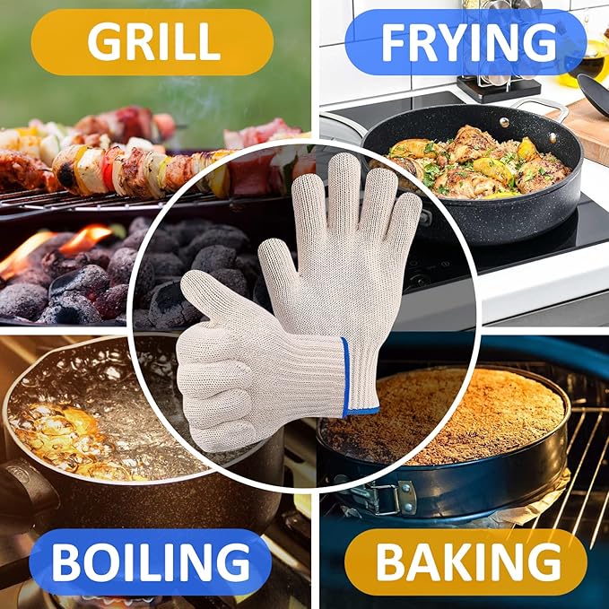 2 Pair Heat Resistant Gloves for Cooking – 9.5" Aramid Fibre Oven Gloves with Fingers, Non-Slip BBQ Grill Protector for Baking, Frying & Smoker – Reusable Heat Protection for Safe Cooking & Grilling