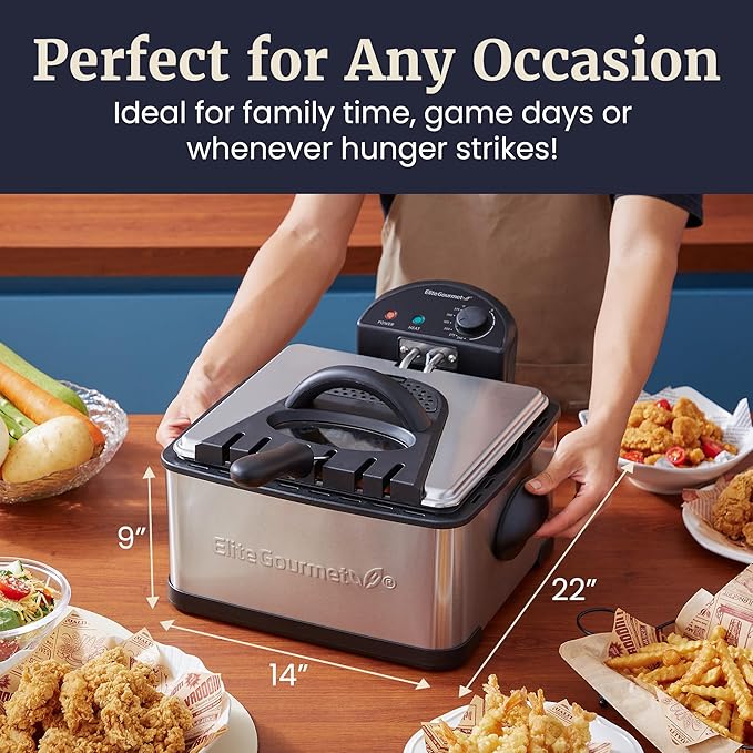 Elite Gourmet EDF475 Electric Deep Fryer 4.2 Quart Oil Capacity with Temperature Knob, 1 x 4Qt Basket, Powerful 1700 Watts, Lid with Anti-Odor Filter & Viewing Window, Stainless Steel