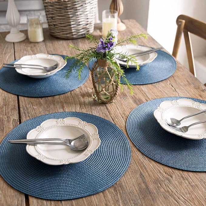 FunWheat Round Braided Placemats Set of 4 Table Mats for Dining Tables Woven Washable Non-Slip Place mats 15inch (Blue, 4pcs)
