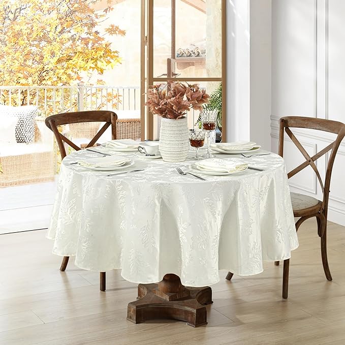 Elrene Home Fashions Elegant Woven Leaves Jacquard Damask Wrinkle Resistant Tablecloth, 60" x 84", Oval, Ivory