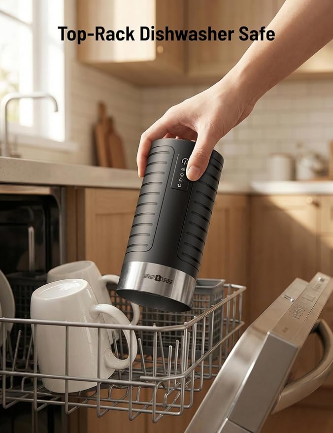 Stainless Steel Milk Frother, Waterproof & Fully Dishwasher Safe, 4 Modes for Hot/Cold Foam, Latte, Cappuccino, One-Touch Operation, Ergonomic Grip, Compact Coffee Maker