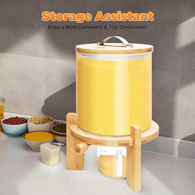 Rice Dispenser, 5L Glass Rice Container Cereal Container with Bamboo Stand Large Food Storage Container Flour Organization with Airtight Lid & Measuring Cup for Grain Legumes (5L)