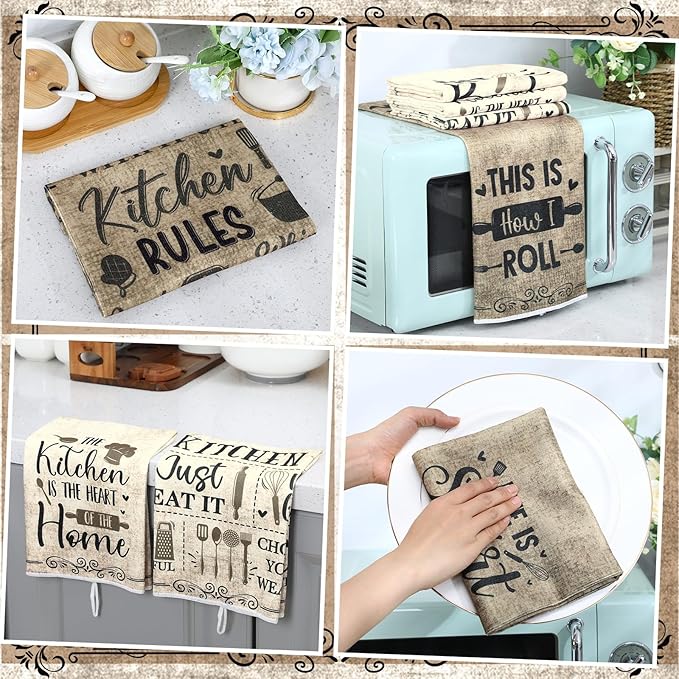 Bencailor 6 Pcs Simple Words Kitchen Towels Decorative Sets Dish Towels Absorbent Fast Drying Hand Tea Vintage Hanging Reusable Cleaning Dishcloths for Cooking Farmhouse Bathroom Accessory