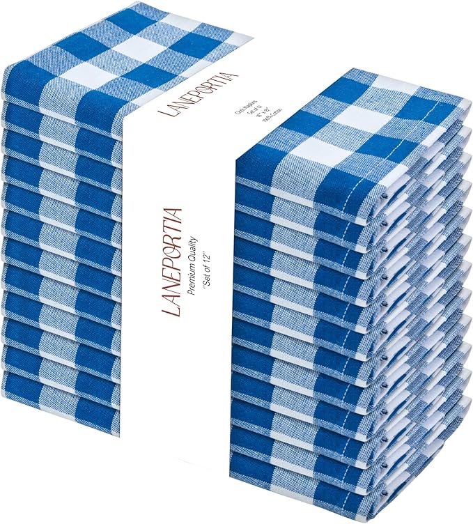 Cloth Napkins Set of 12, 100% Cotton Dinner Napkins 18x18 Inch, Soft Absorbent Gingham Check Napkin for Restaurant, Table Décor, Reusable Washable for Everyday Use - Blue/White