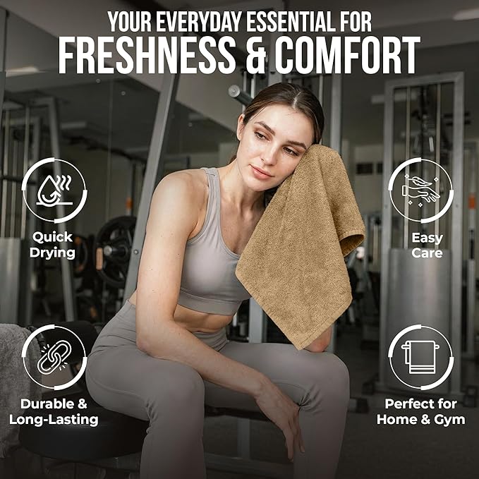 RIVERSIDE Pack of 24 Wash Cloths for Showering, 12 x 12 Inches, Super Soft & Absorbent, 100% Cotton Washcloths Premium Quality Flannel Face Cloths for Bathroom, Gym, Spa (Tan, 24 Pack)