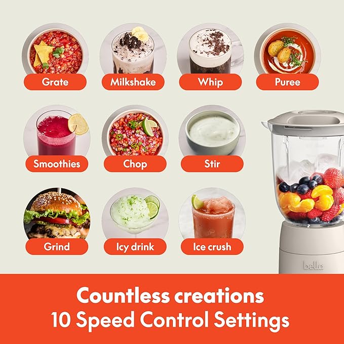 bella 10 Speed Countertop Blender,Juicer&Smoothie Maker,Fits-anywhere™ Kitchenware,Slim Flip&Store Design,Dishwasher Safe 48oz Capacity Pitcher-&Lid,Stainless Steel Blade,450 Watt,Oatmilk,(Pack of 2)