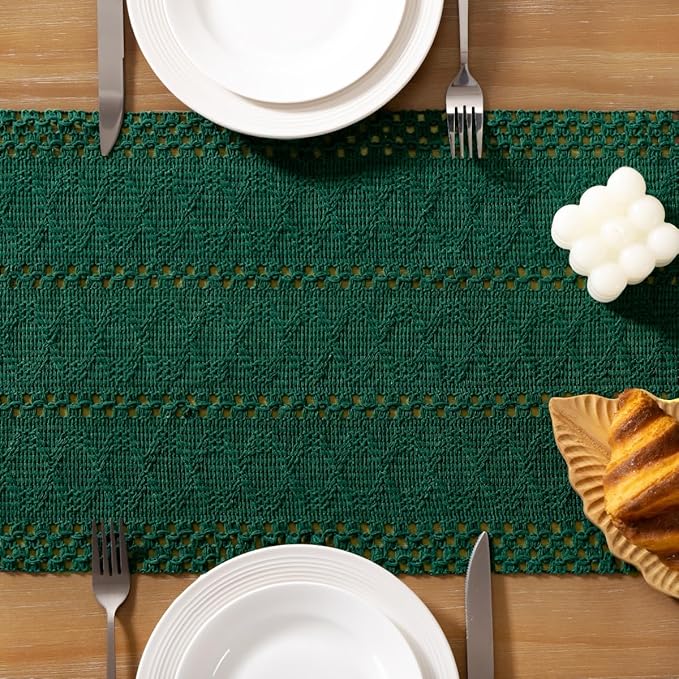 Socomi Boho Table Runner Easter Spring Farmhouse Rustic Dining Kitchen Centerpiece Decor Small Macrame Woven Cotton Linen Coffee Table Runner for Dresser Scarf Home Decor 12x48 inch Emerald Green