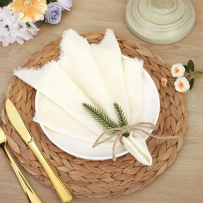 TURSTIN 24 Pieces Cotton Linen Cloth Napkin Handmade Cloth Napkin with Fringe 17 x 17 Inch Soft Cloth Dinner Wedding Napkin Square Rustic Fringe Table Napkin for Dinners, Parties, Weddings, Ivory