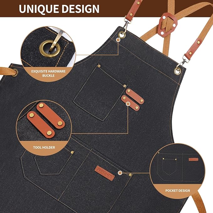 Chef Aprons for Men Women with 4 Large Pockets, Cotton Canvas Cross Back Adjustable Apron for Work grilling kitchen gardening