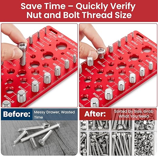 Thread Checker, 60 Nut and Bolt Thread Checker, 20 Standard & 20 Metric & 20 Drill/Screw Gauge, Bolt Size Finder, Wall-Mountable Bolt Thread Identifier Gauge with Inch & CM Ruler
