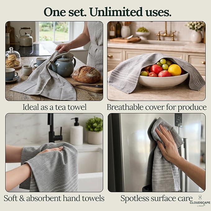 CLOUDSCAPE Kitchen Towels - 6 Pack: Quick-Drying Dish Towel for Kitchen Essentials, 18”x28” Cotton Blended Ribbed Hand Towel with Hanging Loop - Highly Absorbent, Dish Cloths for Washing Dishes -AIG