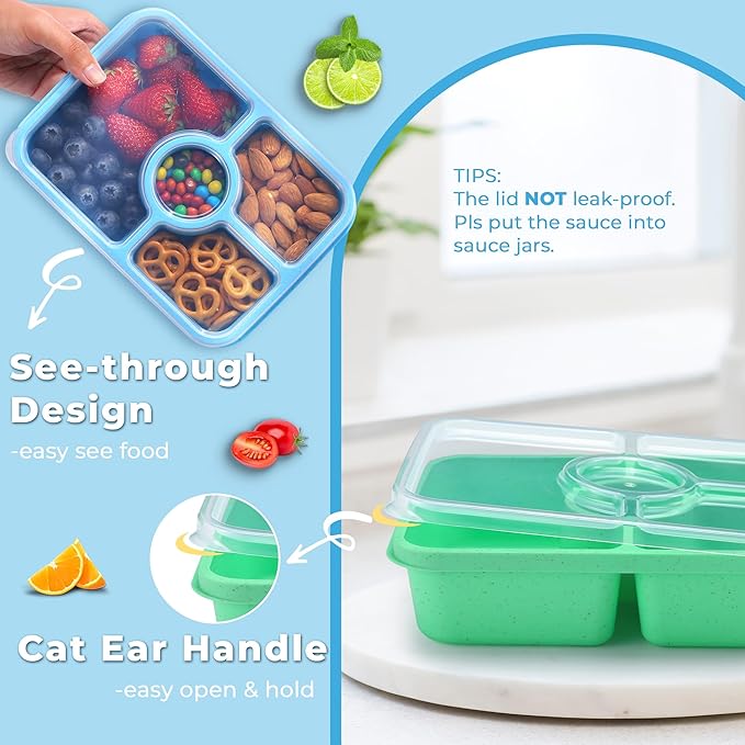 Bento Snack Box Containers, Meal Prep Container Reusable for Kids, Stackable Bento Box Adult 4 Pack, Divided Food Storage Containers with Clear Lids, Sauce Container, Light Colors