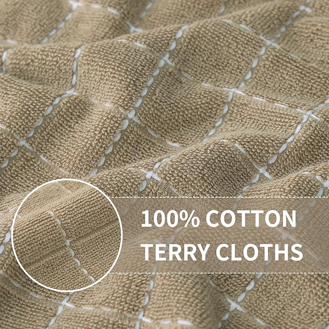 Homaxy 100% Cotton Terry Kitchen Towels(Tan, 13 x 28 inches), Checkered Designed, Soft and Super Absorbent Dish Towels, 8 Pack