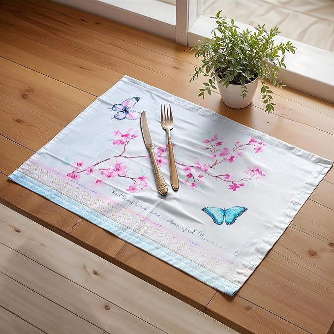 Maison d' Hermine Placemats Set of 4 100% Cotton Washable Cloth Place Mats Reusable Table Mats for Kitchen Dining Party Wedding Gifts for Mothers Day Spring/Summer (Blossoms in Spring, 13" x 19")