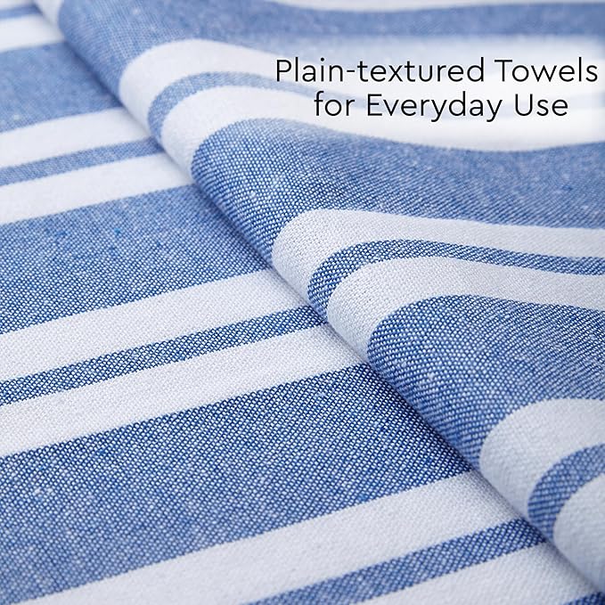 Encasa XO Cotton Kitchen Towel Set | Hand and Tea Cloth for Cleaning & Quick Drying, X-Large 28"x18" (Pack of 4) Highly Absorbent - Franca Blue Stripes