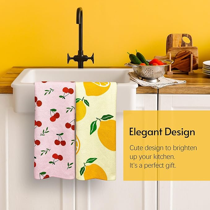 Eulnars Kitchen Towels, 18" x 30" Dish Towels, Microfiber Tea Towels for Kitchen Drying, Superior Absorbency, Lemon Cherry Series, 2-Pack
