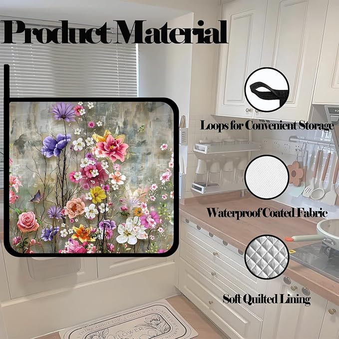 Vintage Watercolor Rose Flowers Pot Holders Set of 2,Kitchen Heat Resistant Potholder for Microwave Cooking Baking Oven and BBQ