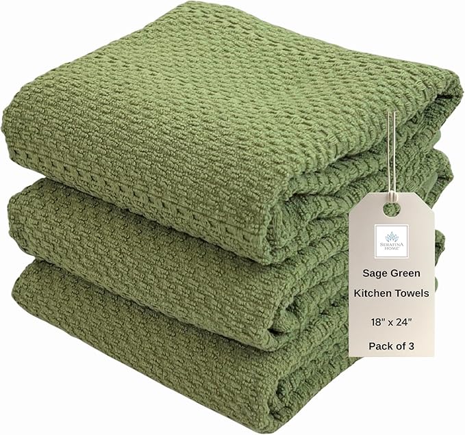 Serafina Home Dark Sage Green Kitchen Hand Dish Towels: Oversized 28" x 18",100% Cotton Cloth Soft Cleaning Drying Absorbent Textured Design, Set of 3 Multipurpose for Everyday Use (Dark Sage)
