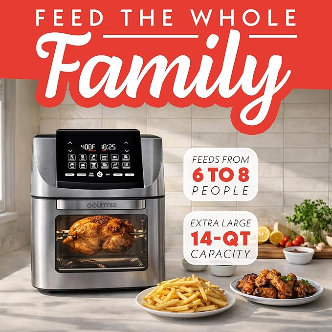 Gourmia Air Fryer - 14 Qt All-in-One Rotisserie Oven with Digital Display, 12 Presets, Roast, Bake, Broil, Dehydrate, Dishwasher Safe Accessories, Stainless Steel