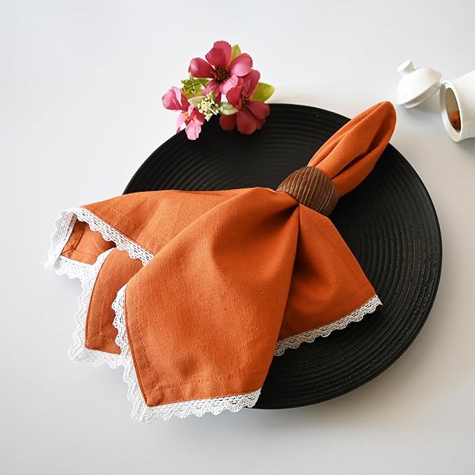Fingercraft Dinner Cloth Napkin Cotton Linen Blend 12 Pack Mitered Corners with Elegant Lace for Everyday Use Napkins are Pre Shrunk and Good Absorbency (Rust, 20in x 20in (Set of 12)) Easter Color