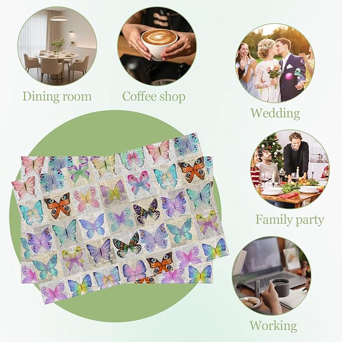Watercolor Butterfly Placemats Set of 6, Washable Heat Resistant Table Mat Linen Place Mats for Party Kitchen Dining Home Decor 12x18 Inch