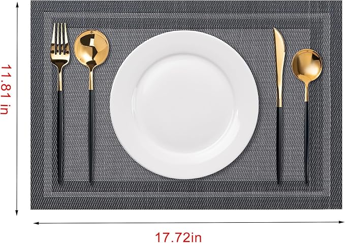 CADONO Placemats Set of 4 Washable Indoor/Outdoor Vinyl Place Mats for Dining Table Durable Non-Slip Heat Resistant PVC Weave Table Mats（Simple Style-Black）