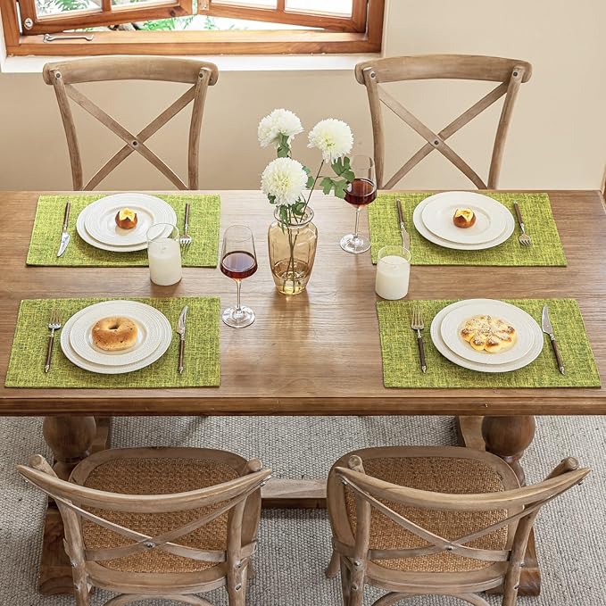 Blue Forest Placemats Set of 6, Dual-Layered Thickened Faux Linen Cloth Place Mats Heat Resistant Machine Washable Wrinkle Free Table Mats Indoor/Outdoor ((Lime Green)