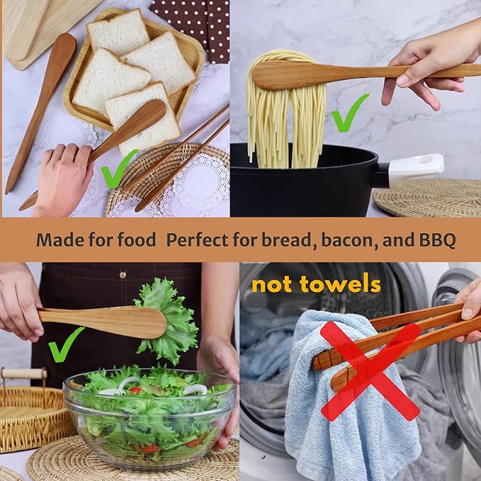 Teak Wood Toast Tongs – 12 Inches Long Wooden Toaster Tongs with Anti-Slip Design for Bread, Meat, and Pasta