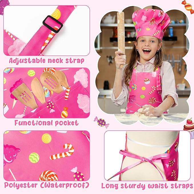 GROBRO7 4Pcs Kids Apron and Chef Hat Set Gift for Girls Boys, Cookie Cupcake Candy Prints Kitchen Pretend Play Child Pink Adjustable Aprons with 2 Pockets Waterproof Smocks for Baking Cooking Painting