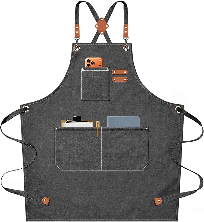 AFUN Chef Aprons for Men Women with Oversized Pockets, 16-Ounce Cotton Canvas Cross Back Heavy Duty Work Apron (Grey)