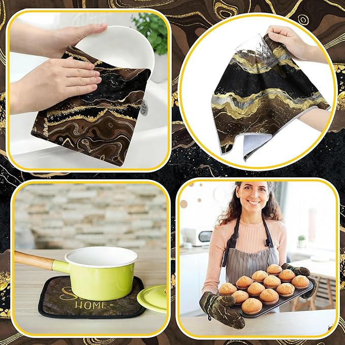 Fourluoo 10 Pcs Kitchen Dish Towels Rugs Oven Mitts and Pot Holders Kit Farmhouse Kitchen Decor Set Gloves Vintage Potholders for Baking Cooking Chef(Brown,Modern)