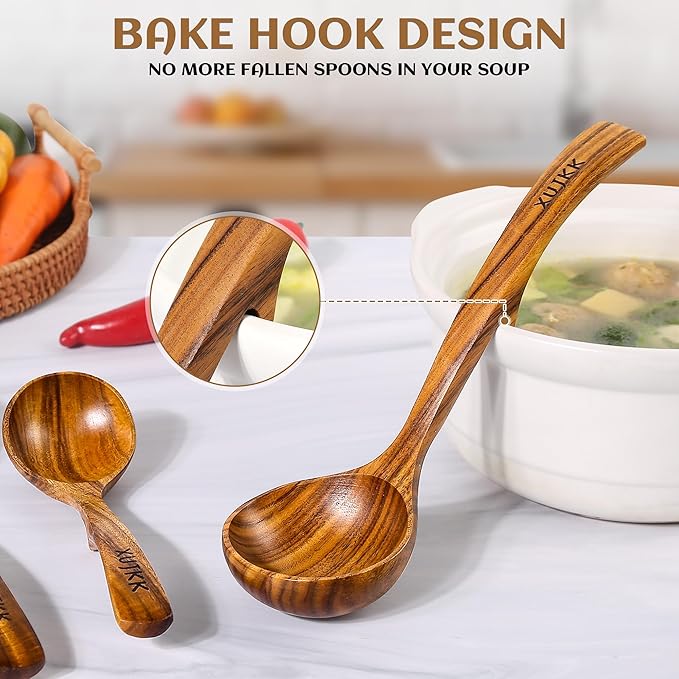 Wooden Ladle for Soup, Set of 3 Natural Teak Wood Ladle with Back Hooks, Wooden Soup Ladle for Cooking, Serving and Stirring | Comfortable Grip, Heat-Resistant &Non-Stick Teak Wooden Utensil Set