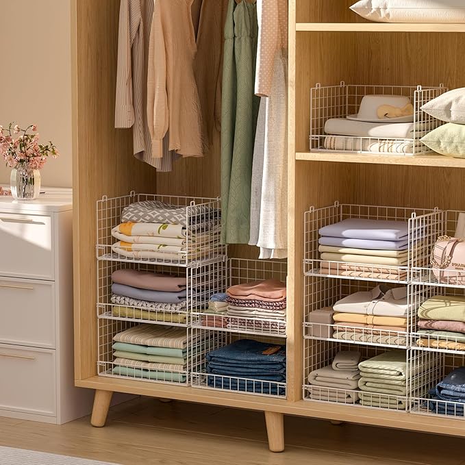 Yociyoga 5-Tier Stackable Closet Organizers and Storage Basket - Foldable Closet Shelf Organizer System, Space-Saving Clothes Storage Bins Drawer Organizer for Wardrobe, White (Patent Pending)