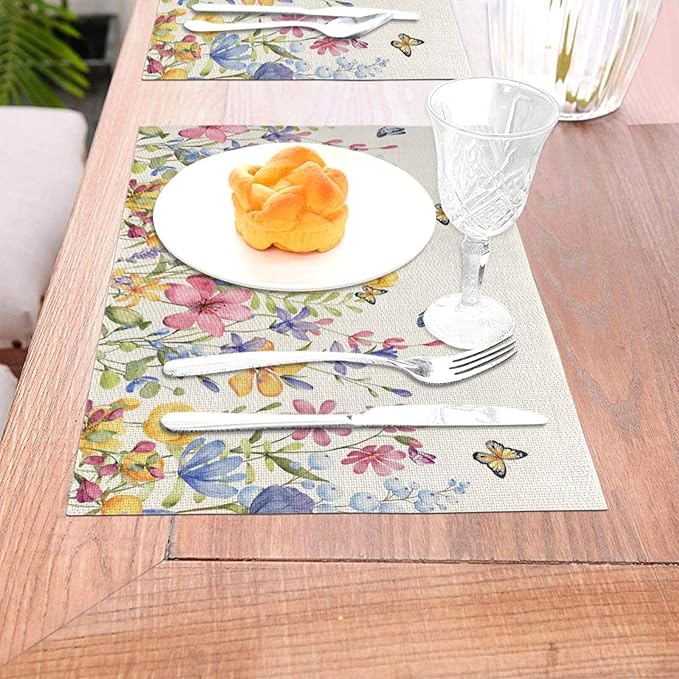 Spring Floral Placemats 12x18 Inches Set of 4 Colorful Flower Butterfly Decorative Rectangle Table Mats Summer Colorful Linen Place mats for Party Home Kitchen Dining Table Decor