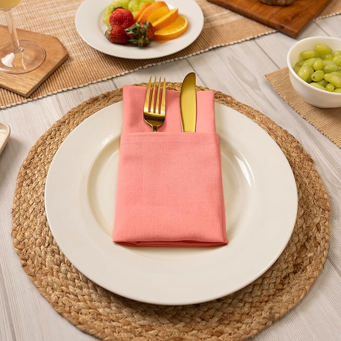Blue Needles Solid Cloth Napkins Set of 6 Salmon 100% Cotton Dinner Napkins 18x18 inches - Spring Summer Easter - Soft, Reusable, Absorbent & Washable Linen, Ideal for Events Parties & Everyday Use