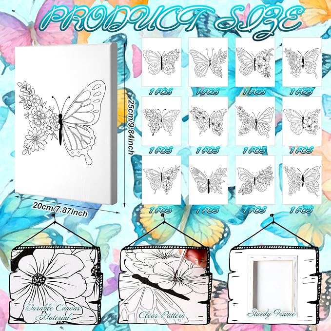 Motipuns 12 Set Pre Drawn Canvas for Painting for Adults Sip and Paint Kit with Easels 8 x 10 Inches Paint Party Kit with Printed Canvas Paints Brushes Palette Bag Apron(Butterfly Flower)