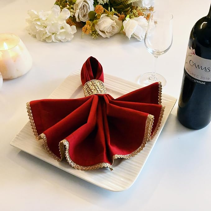 FINGERCRAFT Dinner Cloth Napkin Cotton Blend 12 Pack Mitered Corners with Elegant Golden Lace for Everyday Use Napkins are Pre Shrunk and Good Absorbency Wedding Christmas Special Color Tango Red
