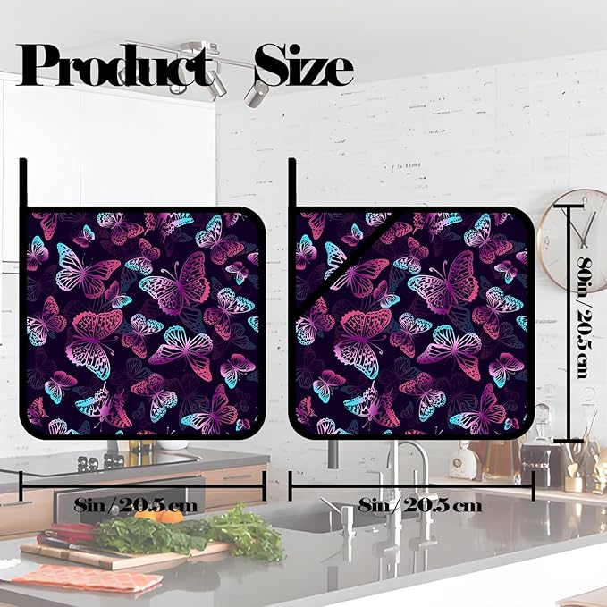 Purple Neon Butterfly Pot Holders 2 PCS,Kitchen Heat Resistant Hot Pads for Cooking Grilling Baking BBQ, Pot Holders for Women Cook Home Microwave